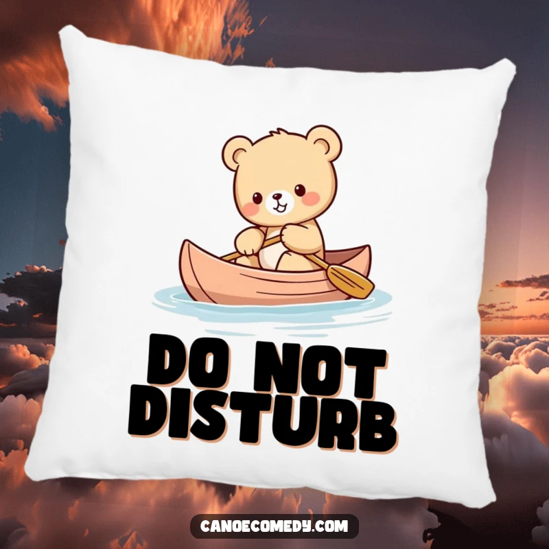Funny Kawaii bear cub pillow showing a cute bear cub trying to balance in a canoe with a determined, adorable expression.