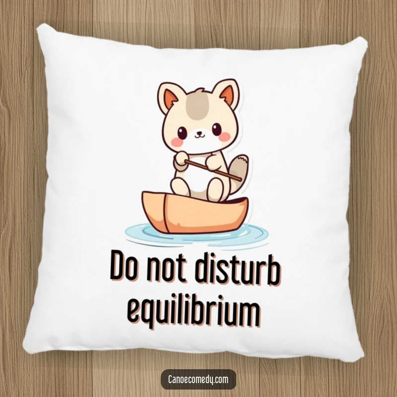 Funny Kawaii animal character struggling to balance in a canoe, featured on a soft pillow for comedic relaxation.
