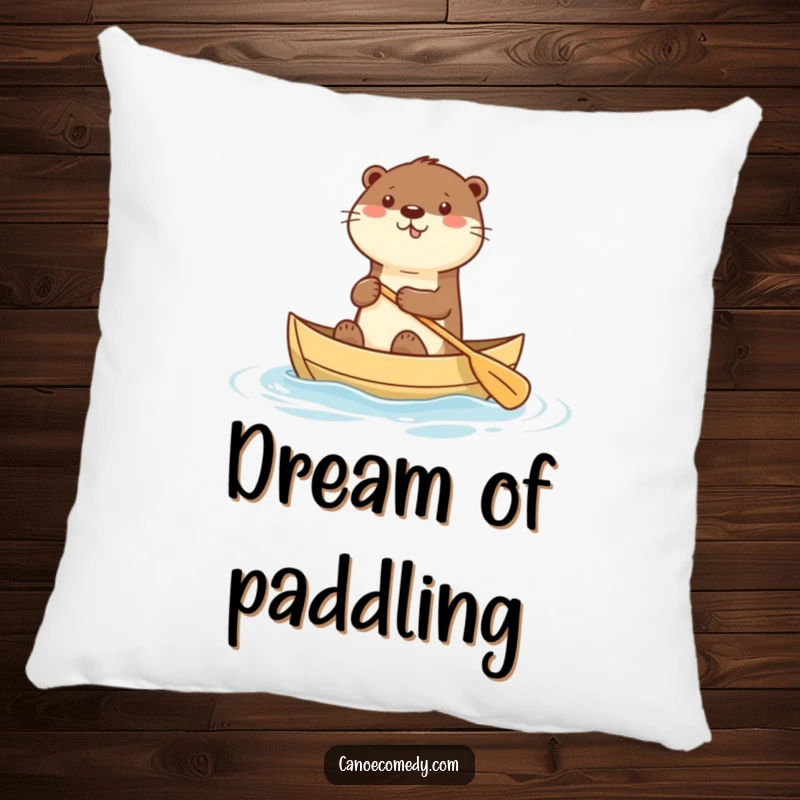 Funny pillow with a happy kawaii otter paddling a canoe, offering soft comfort and cute, water-themed humor.