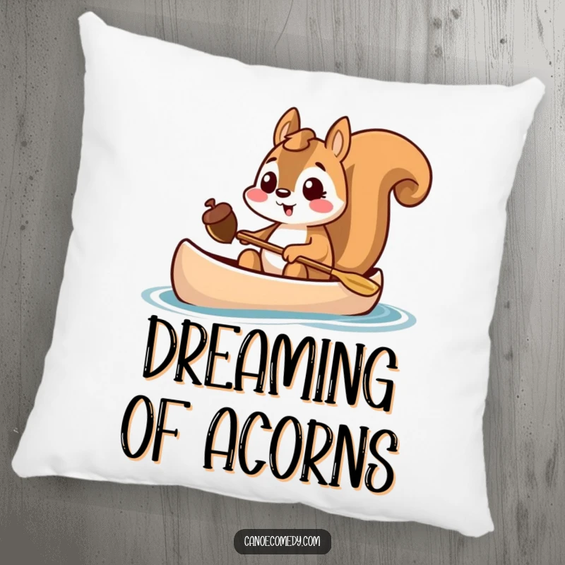 Funny squirrel holding an acorn in a canoe, soft pillow, excited animal decor, comforting gift.