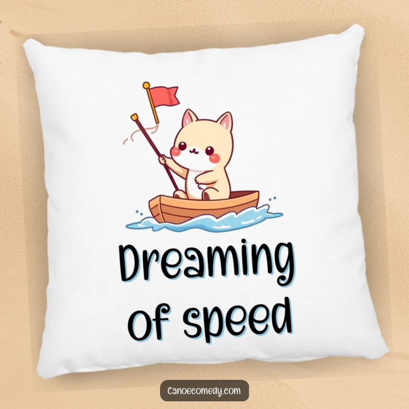 Funny Kawaii animal character waving a tiny flag from a speeding canoe, featured on a soft pillow.