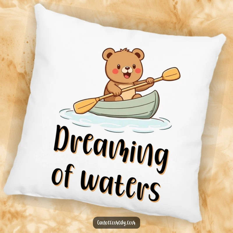 Funny pillow with a cartoon bear paddling a canoe energetically, bringing humor and comfort, ideal for a cozy and amusing space, a funny gift.