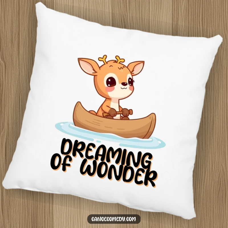 Funny Deer Wonder Canoe Pillow, showing a small deer looking up in wonder from a canoe, perfect for cozy decor.