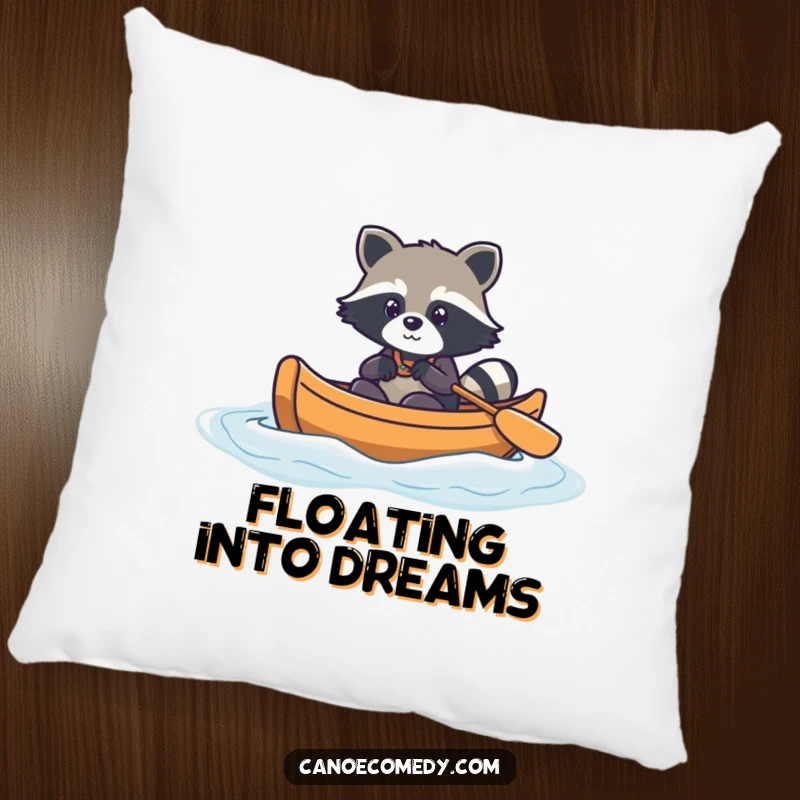 Funny kawaii raccoon in a canoe, navigating gentle waves, soft pillow, cute adventure decor.