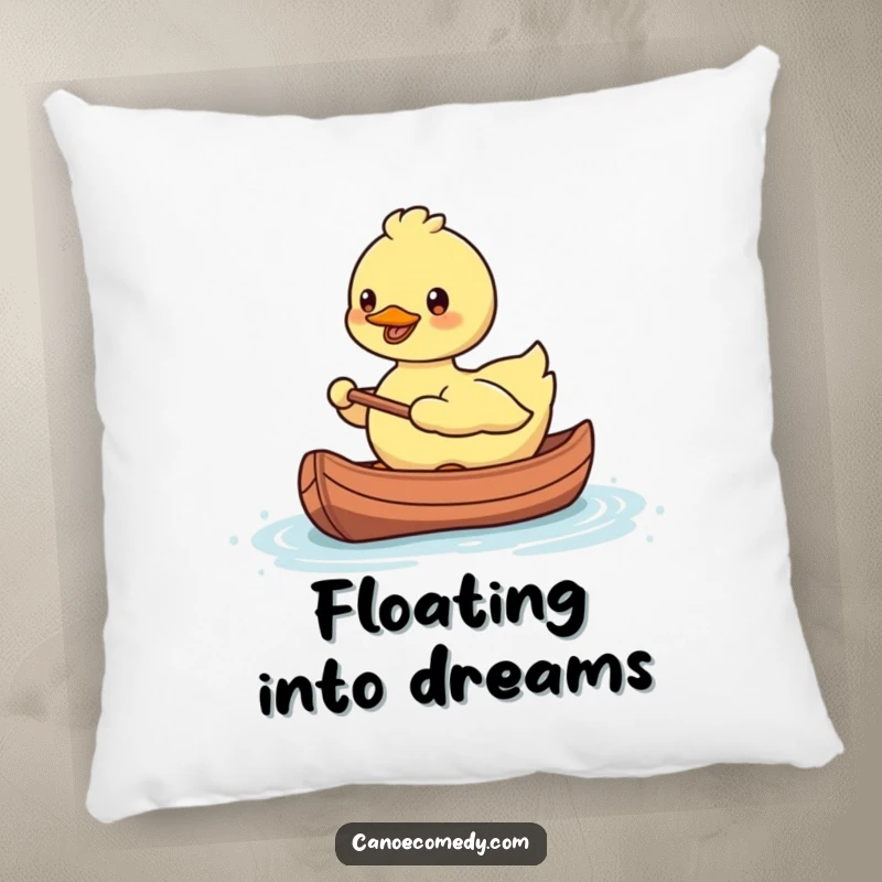 Funny, smiling Kawaii duck paddling a tiny canoe with a happy expression, on a soft decorative pillow.