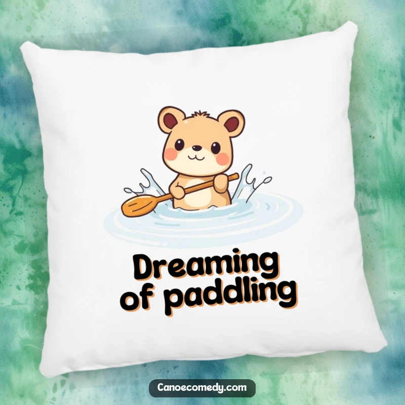 Funny pillow featuring a gleeful animal splashing with a paddle in a peaceful river, offering a soft touch of playful humor.