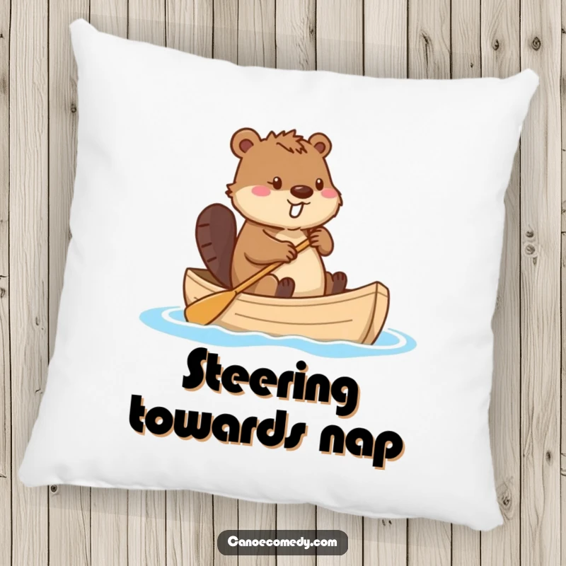 Funny beaver in a canoe, steering with its tail as a rudder, a soft and humorous accent pillow for sofas or beds, delightful and comical.
