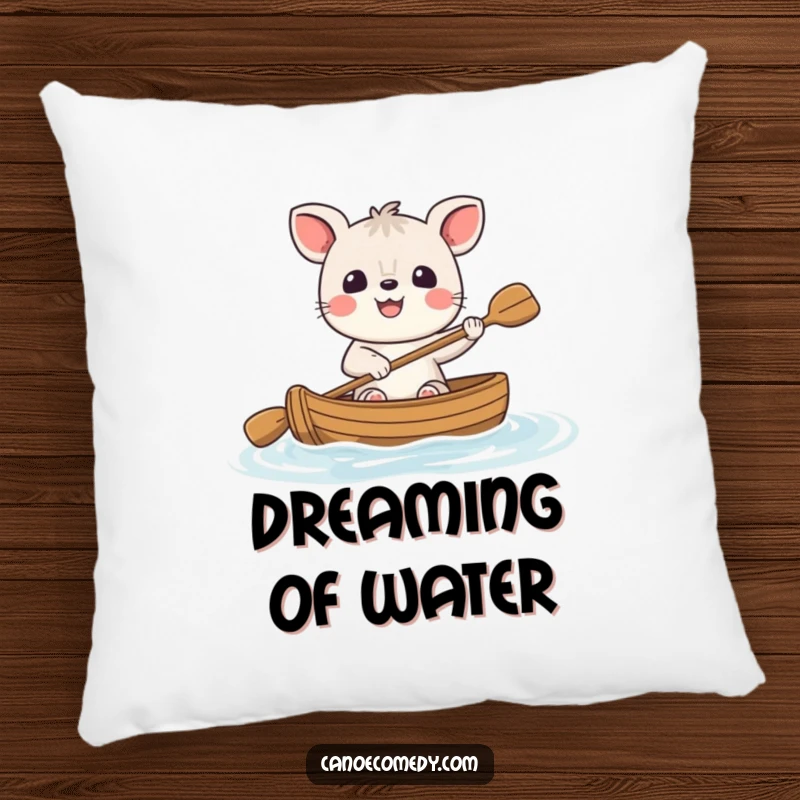 Funny cheerful animal pillow, a happy character with a big smile paddling a small canoe, offering cozy humor and joyful decor.
