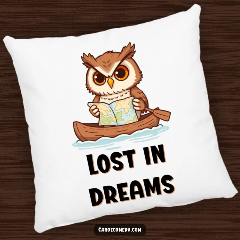 Funny owl pillow, showing an owl paddling a canoe and struggling with a map, a humorous and soft accent piece.