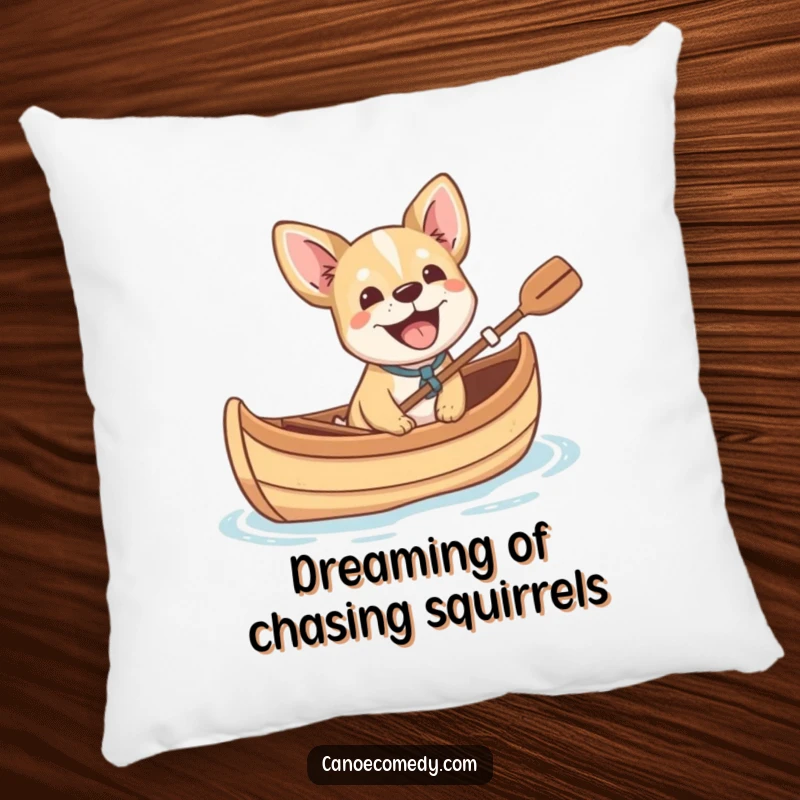 Funny small dog cheerfully barking with excitement from a canoe, a comfortable and humorous pillow for dog lovers.