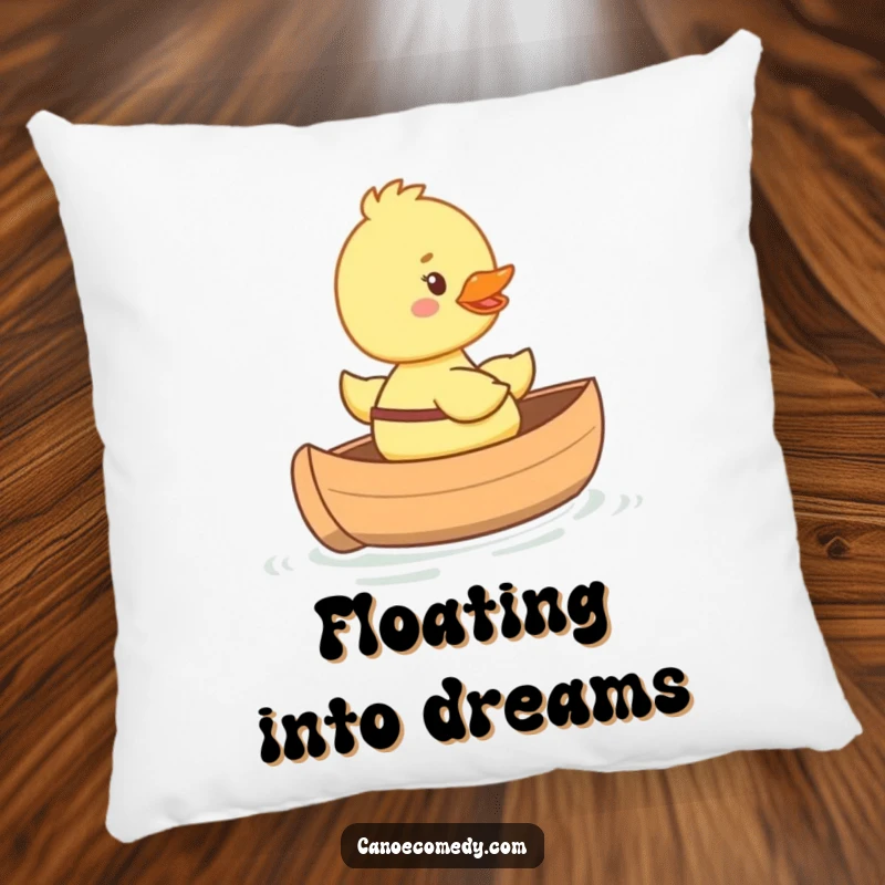 Funny happy duckling pillow riding in a tiny canoe with a big smile, soft, cozy, and adorably humorous decor.