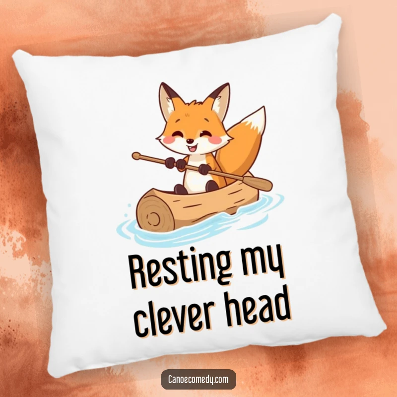 Funny pillow depicting a smiling fox expertly guiding a canoe, bringing cozy humor and a sense of skillful adventure to any space.