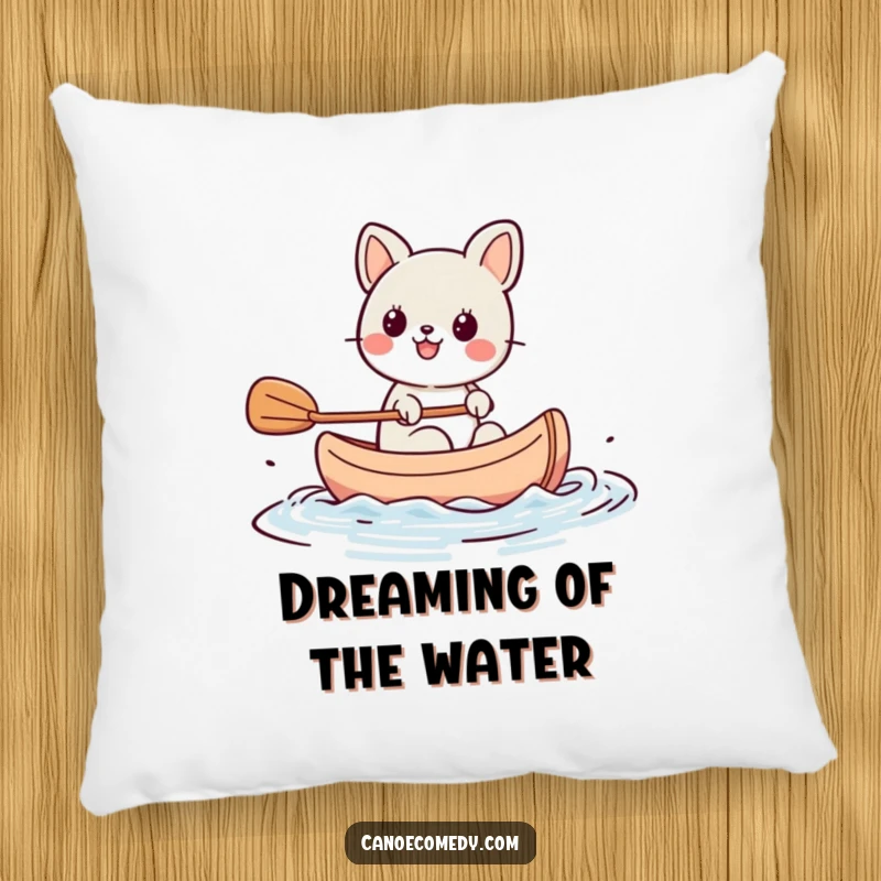 Funny Kawaii animal character paddling a tiny canoe with great enthusiasm, a soft and decorative pillow for ultimate comfort and humor.