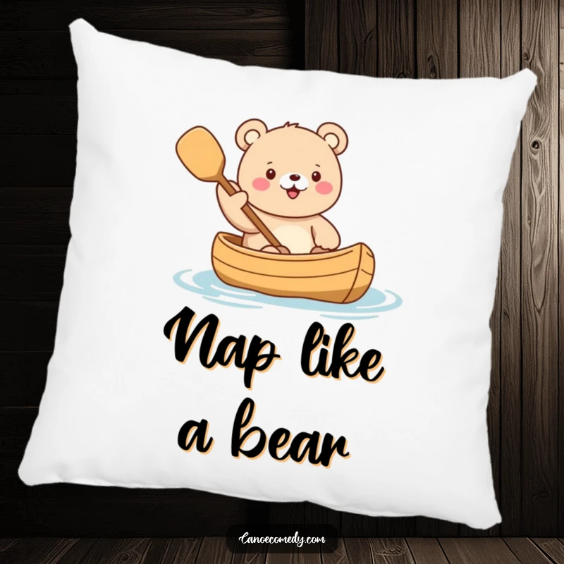 Funny Kawaii Bear Voyage Pillow featuring a cute bear character enthusiastically waving a paddle from a canoe, offering soft, amusing comfort.