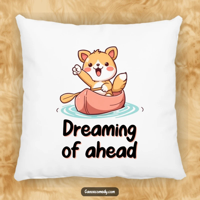 Funny Kawaii animal character pointing forward from a canoe, featured on a soft pillow, inspiring dreams.