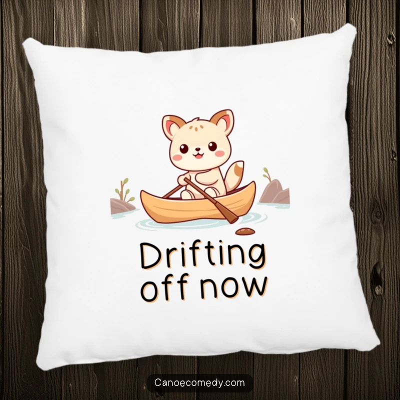 Funny Kawaii animal character humorously balancing in a small canoe on a soft, decorative pillow.