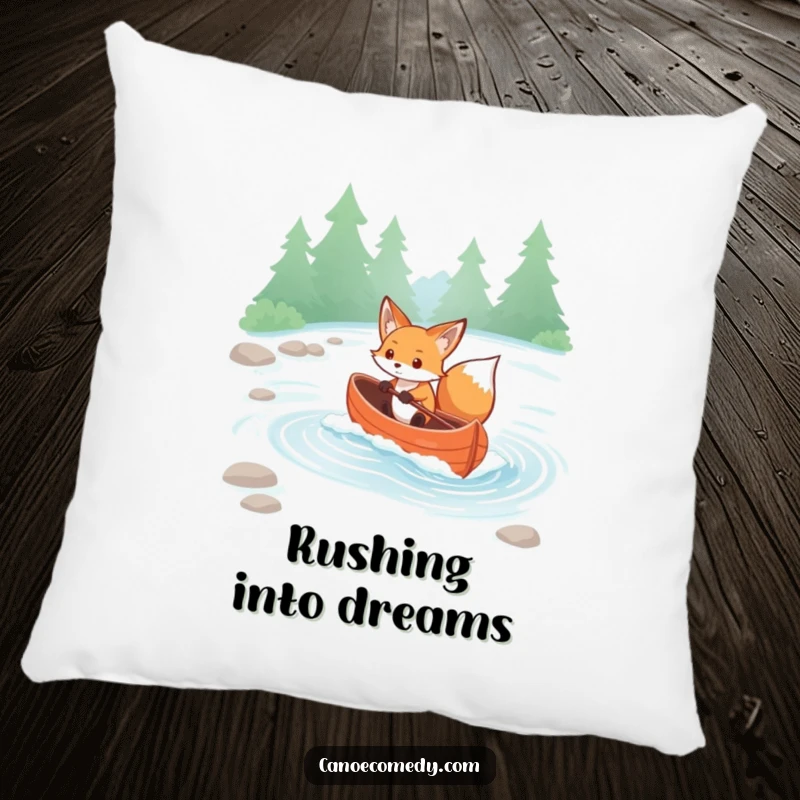 Funny Kawaii Fox Pillow: Determined fox navigates rapids in a canoe, offering comfort and adventurous appeal.