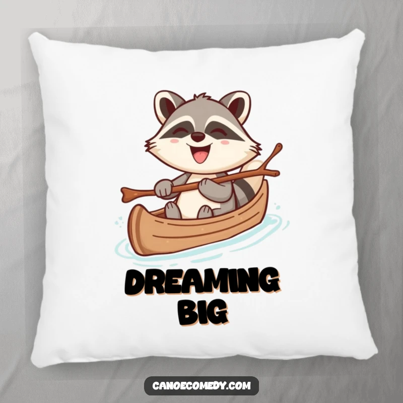 Funny pillow featuring a cheerful kawaii raccoon steering a canoe with a twig, grinning broadly, offering cozy humor and happiness.