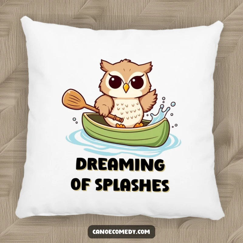 Funny owl pillow, shown splashing water from a canoe, a soft and humorous accent piece full of playful spirit.