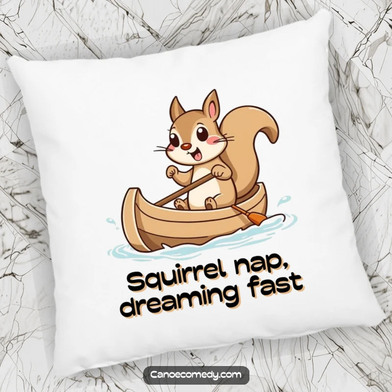 Funny decorative pillow featuring a squirrel steering a tiny canoe with great excitement, adding comfort and humor to any sofa.