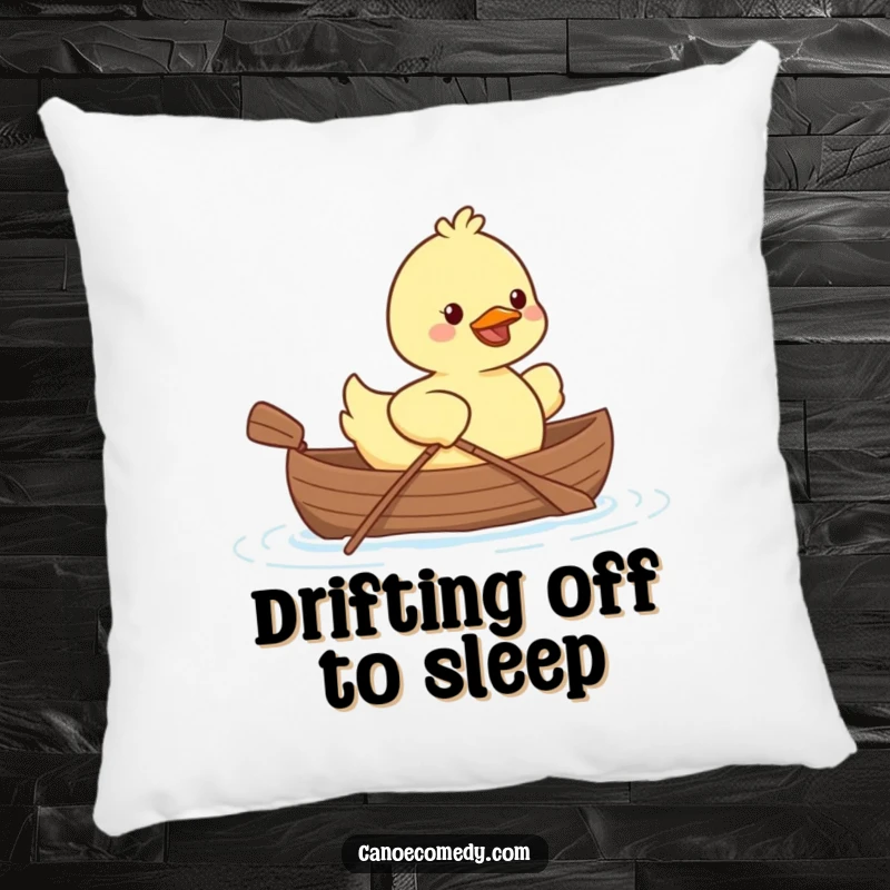 Cute Kawaii duck in a tiny canoe paddling with a smile on a soft and humorous pillow.