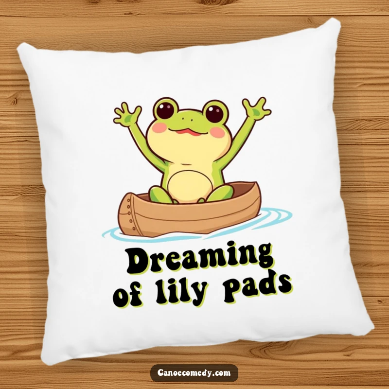 Cute Kawaii frog excitedly waving its arms while paddling a canoe on a soft and humorous pillow.