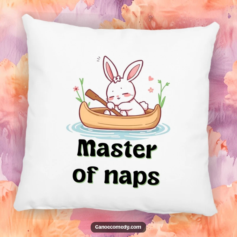 Funny pillow with a cartoon rabbit dozing in a canoe, offering ultimate comfort and a peaceful vibe, a perfect funny gift.