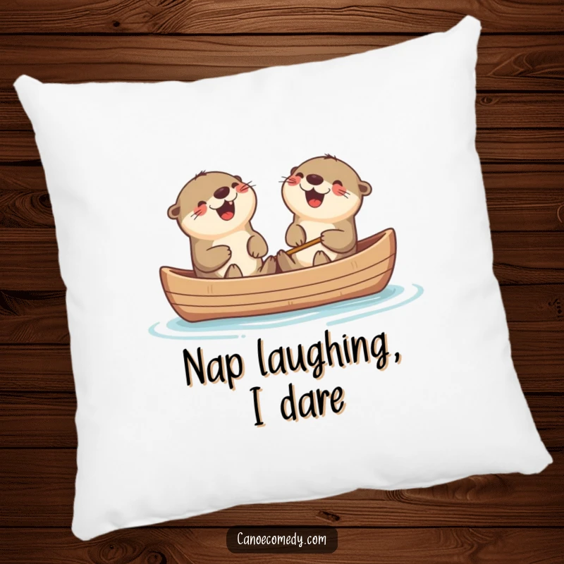 Funny Kawaii otters in a canoe laughing, a soft and humorous decorative pillow.