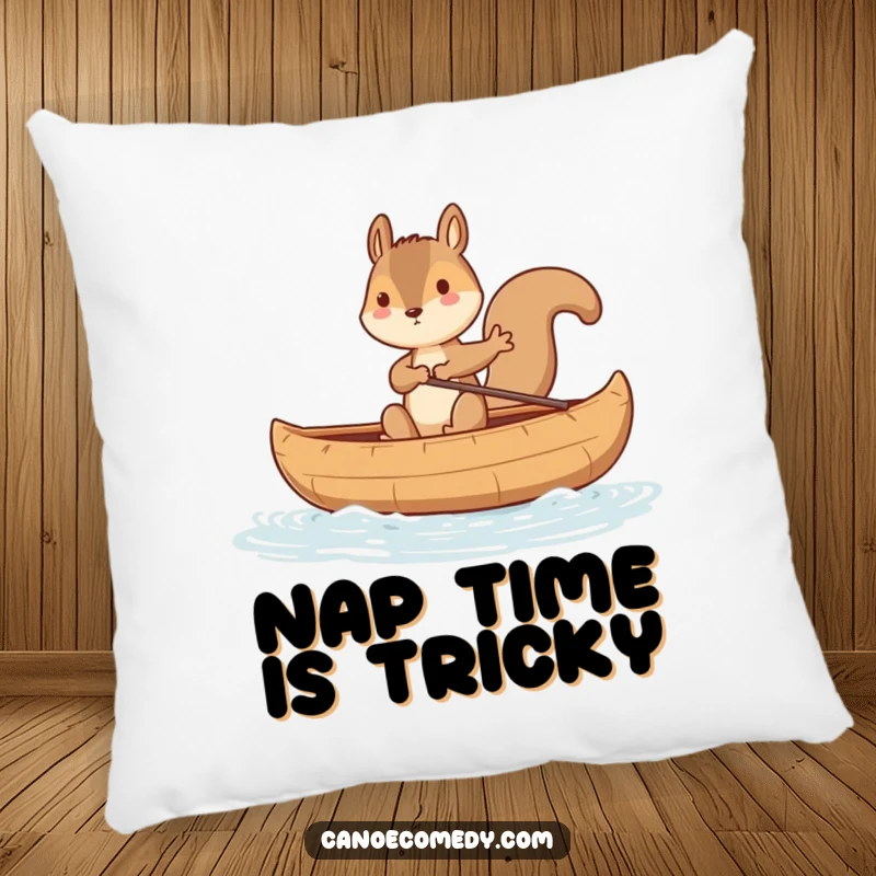 Funny squirrel character hilariously balancing in a rocking canoe, printed on a soft pillow for a funny home decor gift.