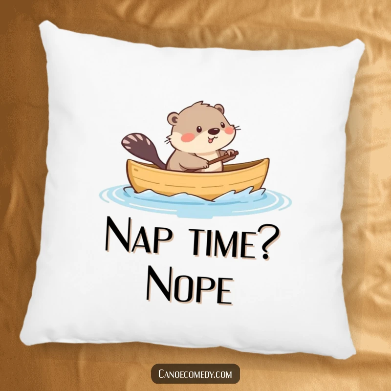 Funny pillow featuring a playful kawaii muskrat in a canoe, splashing water, offering soft humor and a touch of aquatic charm.
