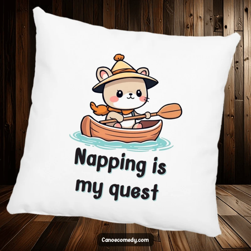 Funny Kawaii animal character wearing a tiny hat, looking adventurous in a canoe, a soft humorous pillow for ultimate comfort.