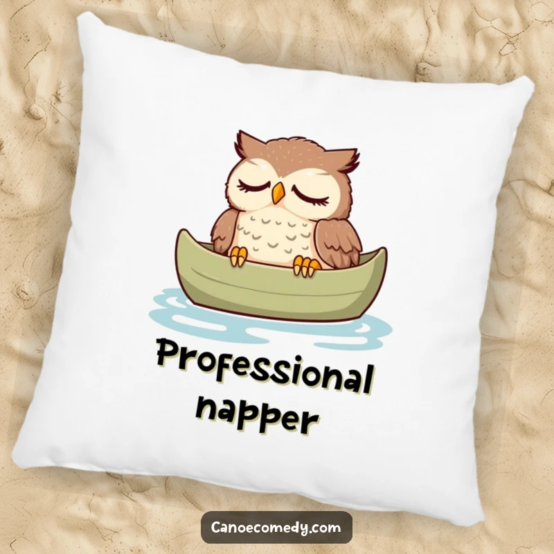 Funny owl pillow, shown peacefully dozing in a canoe with a relaxed expression, a soft and humorous accent piece.