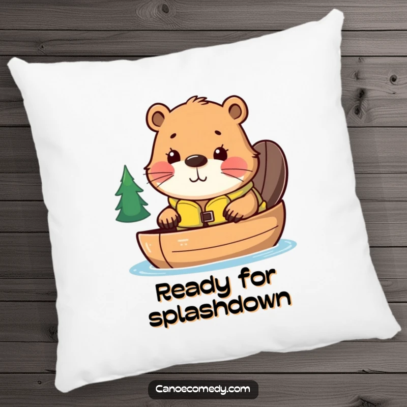 Funny pillow featuring a kawaii beaver in a life jacket, peeking over a canoe, offering cozy humor and a touch of adventure.