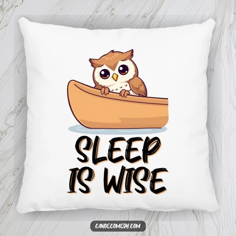 Funny curious owl peeking from a canoe on a pillow, symbolizing quiet observation and comfort.