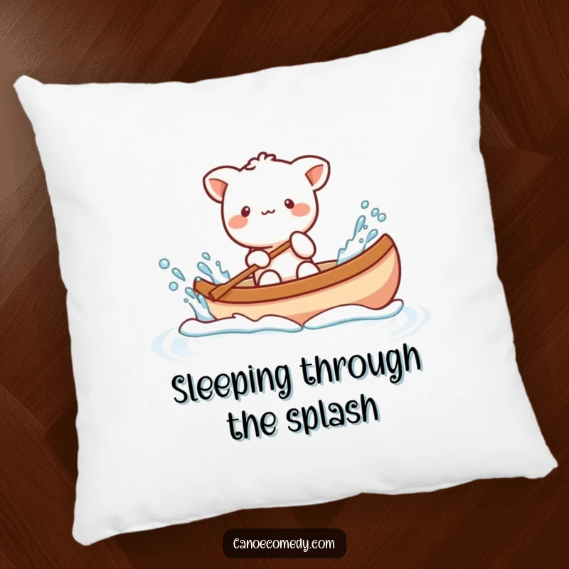 Funny Kawaii animal character playfully splashing water from a canoe, a soft humorous pillow for ultimate comfort and fun.