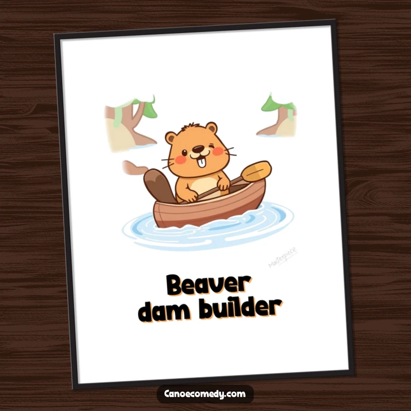 Funny digital art print of a cartoon beaver pushing a canoe through water, celebrating cheerful effort, perfect for lively decor, a funny gift.