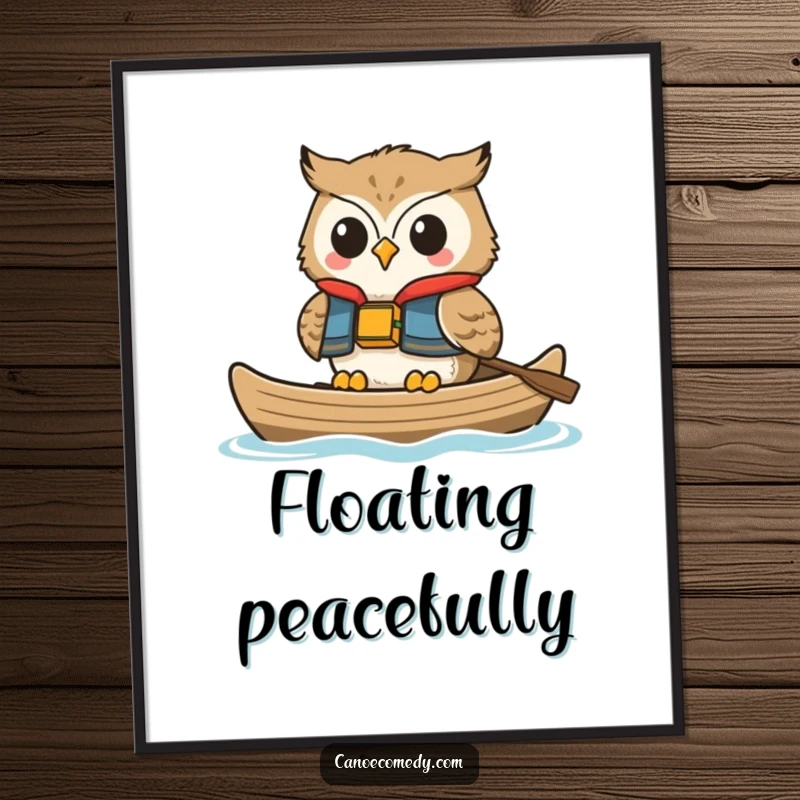 Funny owl digital art print, smiling peacefully in a life vest while floating in a canoe, a humorous and calming digital download.