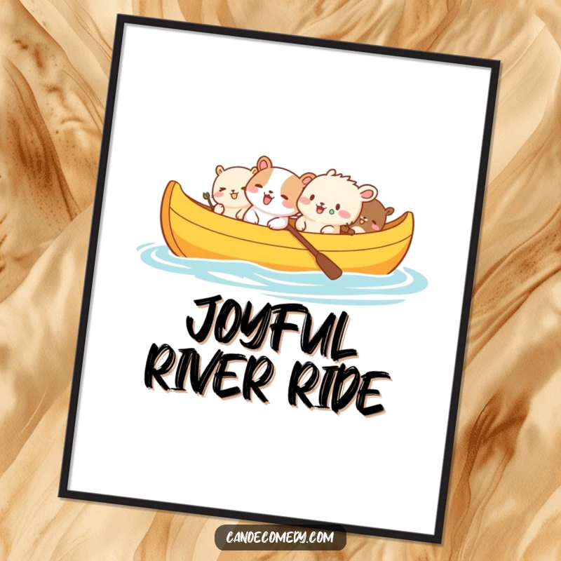 Funny digital art of a colorful canoe filled with small animals erupting in hearty, contagious giggles.