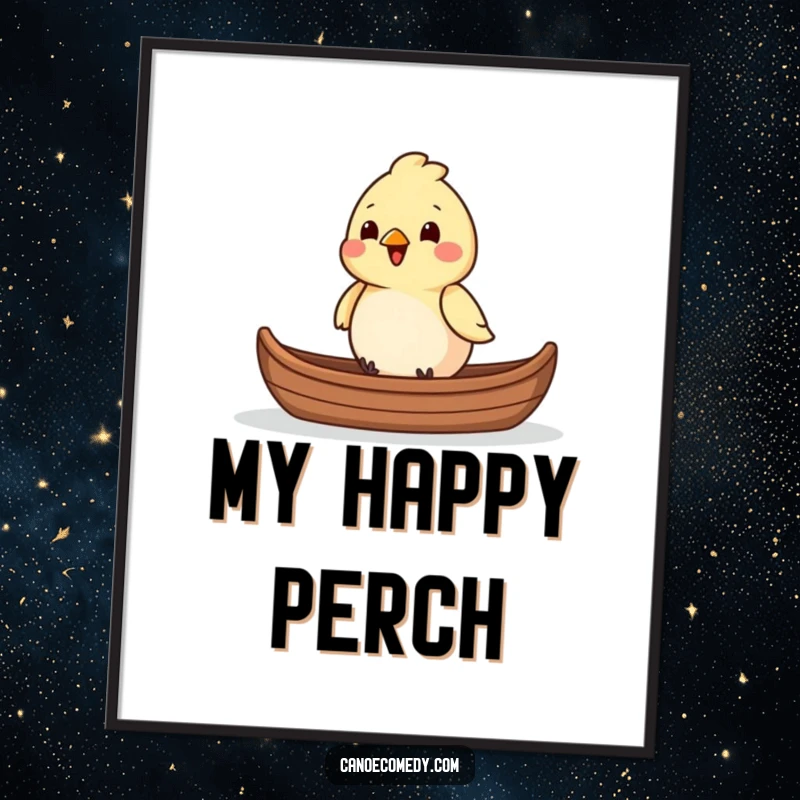 Funny chirpy bird character sitting in the front of a canoe, depicted in a cheerful digital art print, a great funny gift.