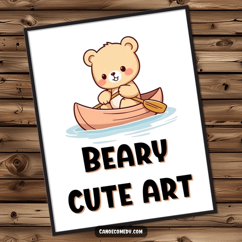 Funny Kawaii bear cub digital art print of a cute bear cub trying to balance itself while paddling a canoe.