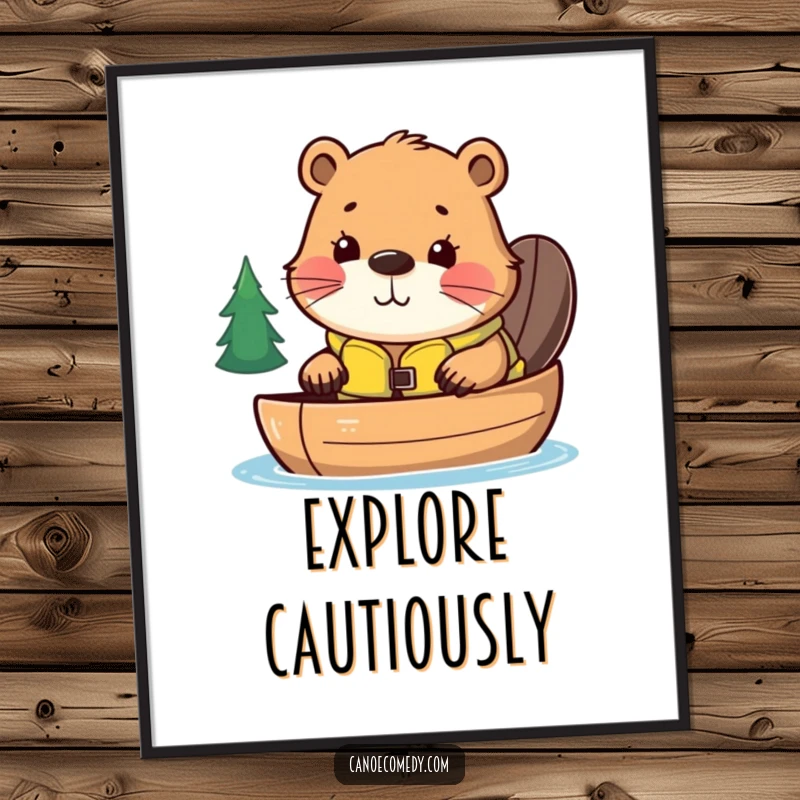 Funny digital art of a curious kawaii beaver in a life jacket, peeking over a canoe, perfect for humorous, whimsical wall decor.