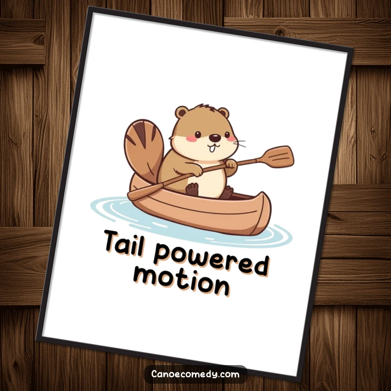Funny Kawaii beaver in a canoe, paddling with its tail, a vibrant and humorous digital art print.