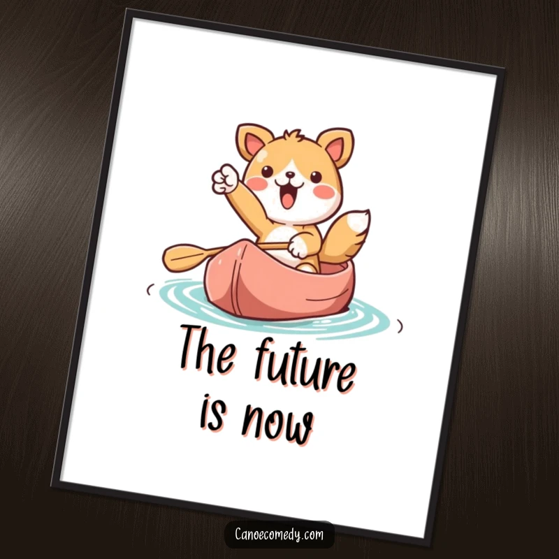 Funny Kawaii animal character in a canoe, pointing ahead with excitement, rendered as a humorous digital art print.