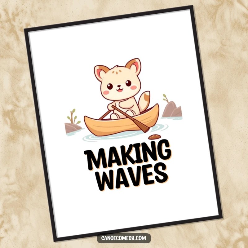 Funny Kawaii animal character humorously balancing in a small canoe, available as an instant digital art print.
