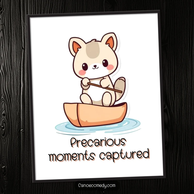 Funny Kawaii animal character attempting to balance in a tiny canoe, rendered as a humorous digital art print.