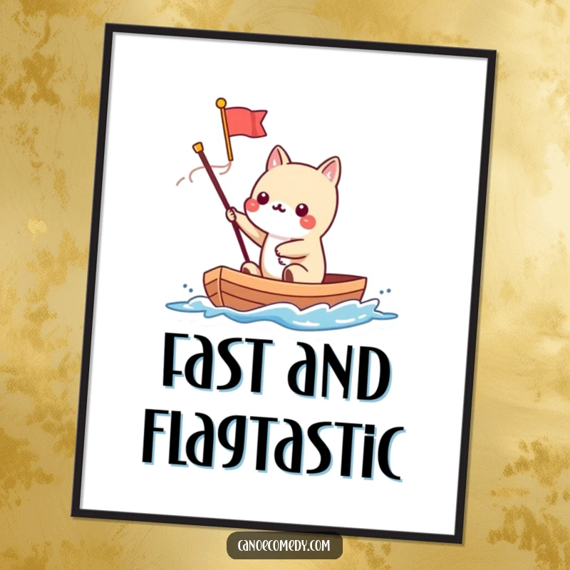 Funny Kawaii animal character waving a tiny flag from a speeding canoe, rendered as a humorous digital art print.