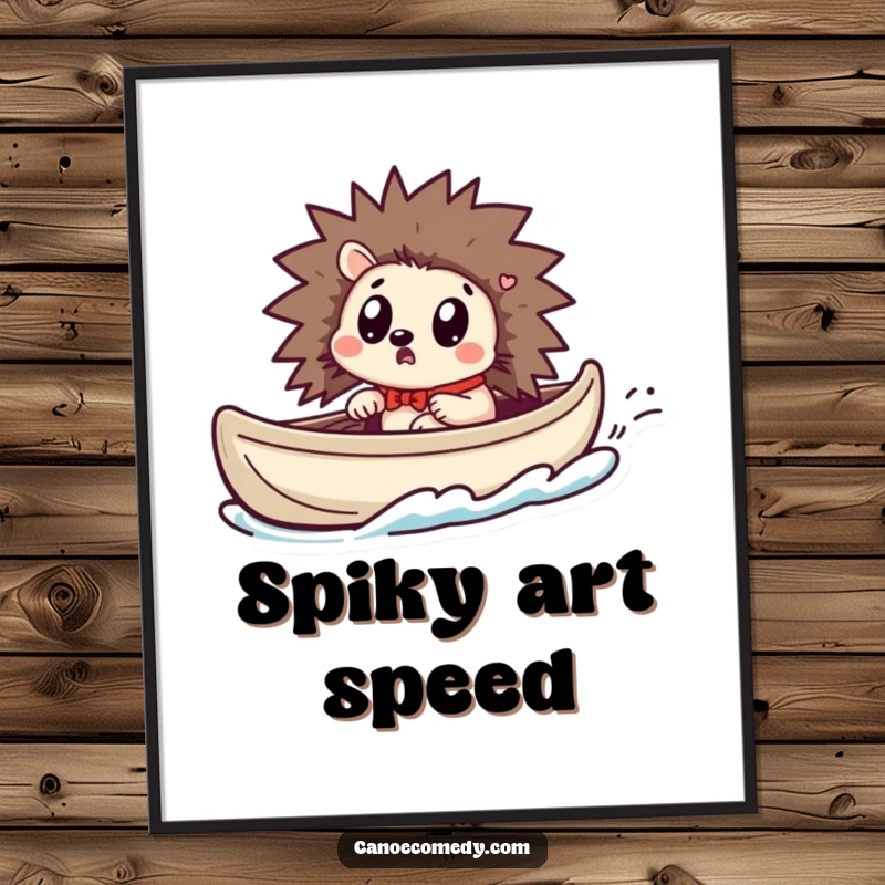 Funny Kawaii hedgehog digital art print of a surprised hedgehog in a canoe as it suddenly starts speeding up.