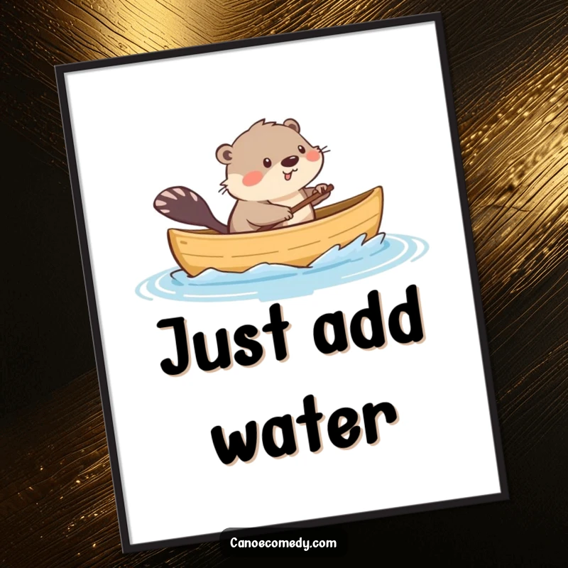 Funny digital art of a playful kawaii muskrat in a canoe, splashing water, perfect for humorous, whimsical wall decor.