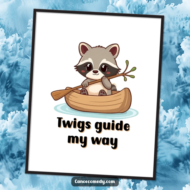 Funny Kawaii raccoon steering a canoe with a twig, a humorous and whimsical digital art print.