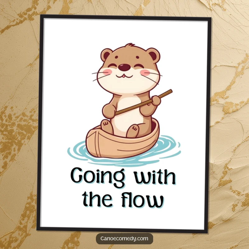 Funny otter steering a canoe with a stick, depicted in a charming digital art print, a great funny gift.